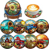 Eight diamond painting coasters featuring various scenes and vehicles with a metal holder.