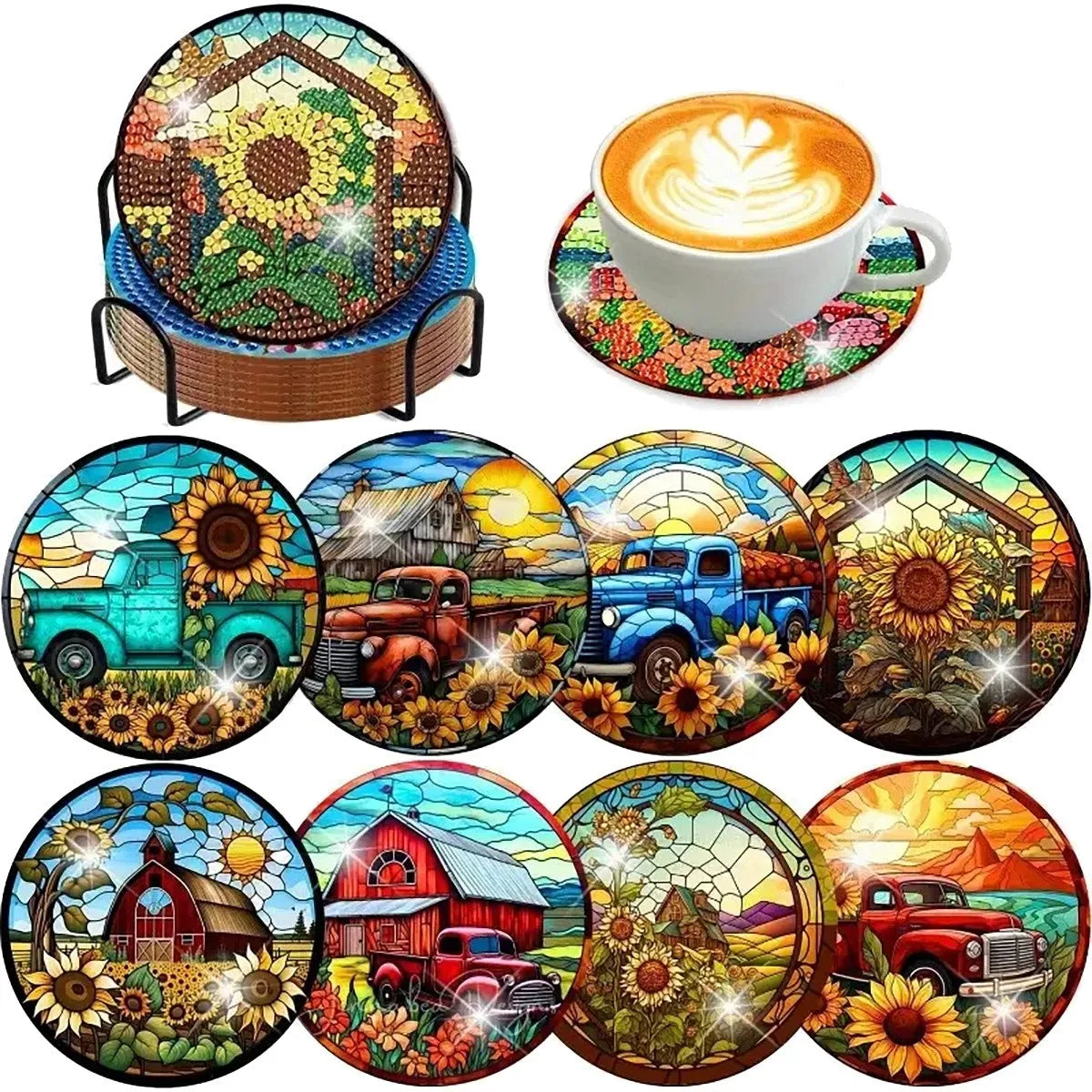 Eight diamond painting coasters featuring various scenes and vehicles with a metal holder.