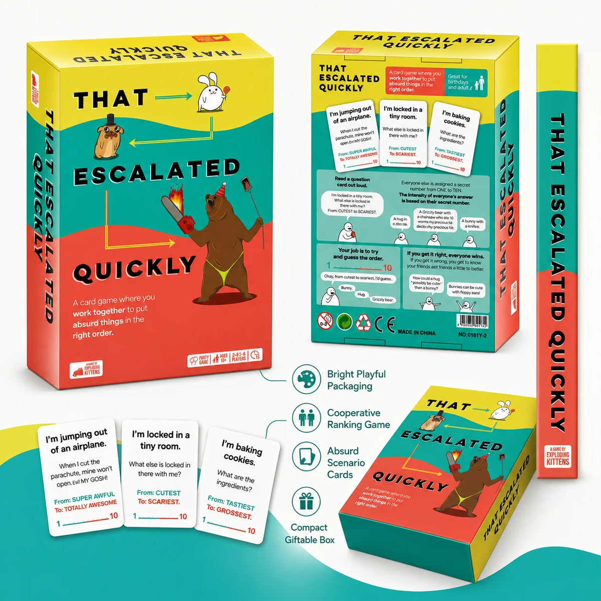 A box of the That Escalated Quickly party card game featuring a brown bear character and bright red and yellow packaging.