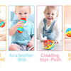 A soft baby grasping ball rattle with a bell shown being used by a baby for musical instrument, teething, crawling toy, and b