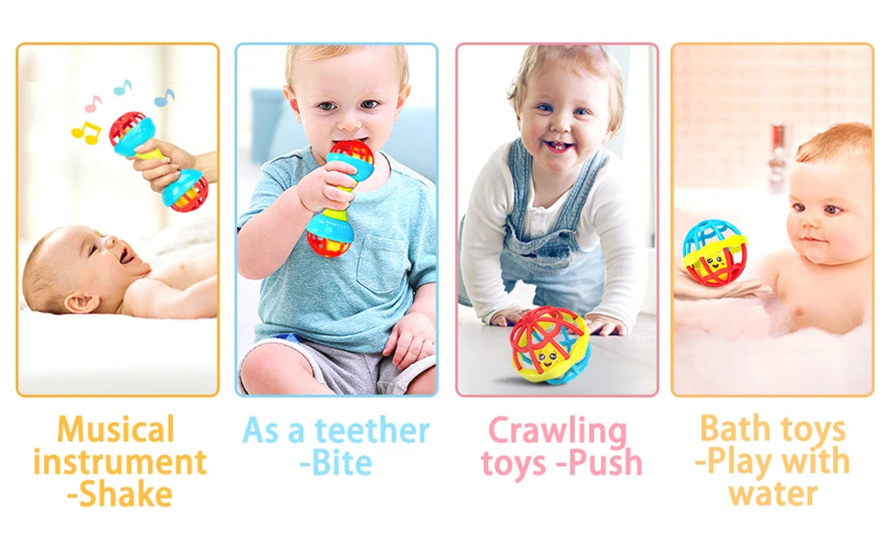 A soft baby grasping ball rattle with a bell shown being used by a baby for musical instrument, teething, crawling toy, and b