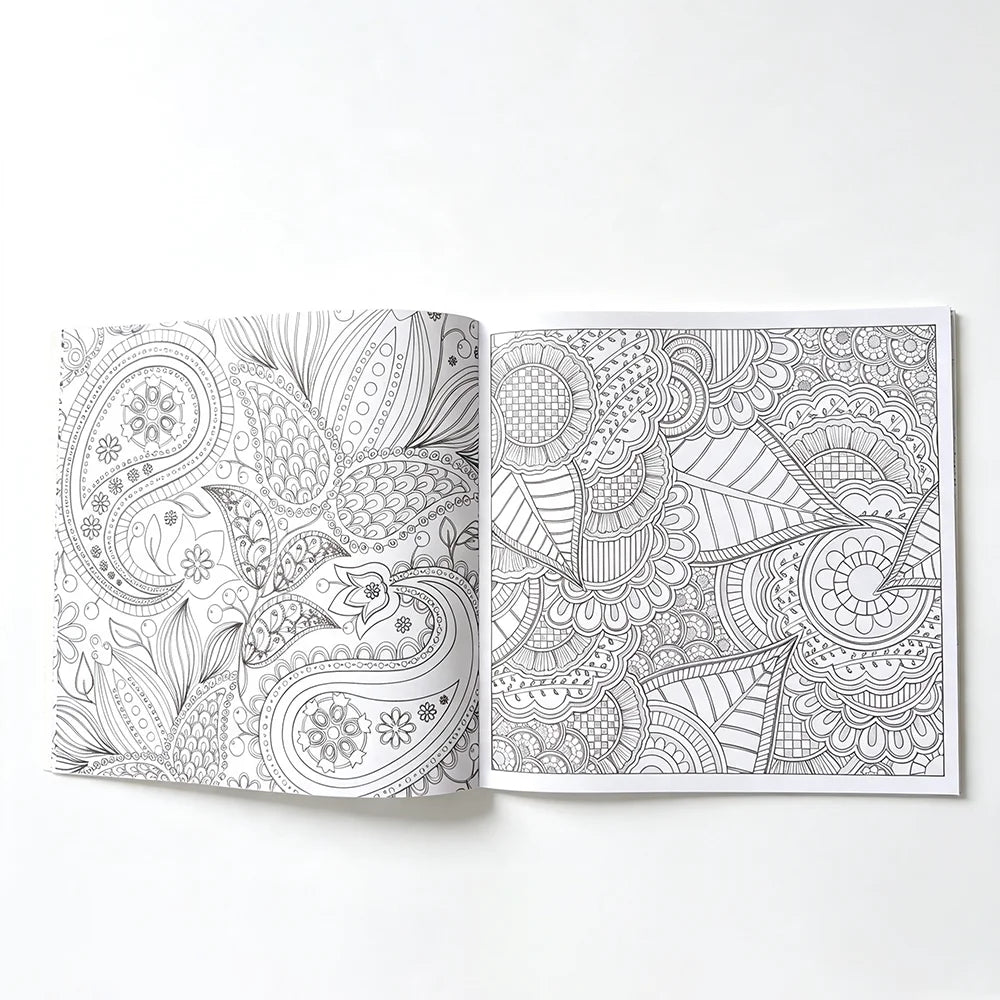 An open 24-page mandala coloring book featuring intricate black and white line art patterns.