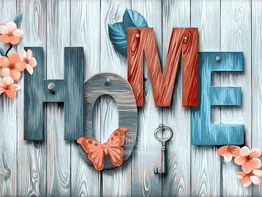 Wooden letters spelling HOME decorated with floral elements and a key on a light wood background