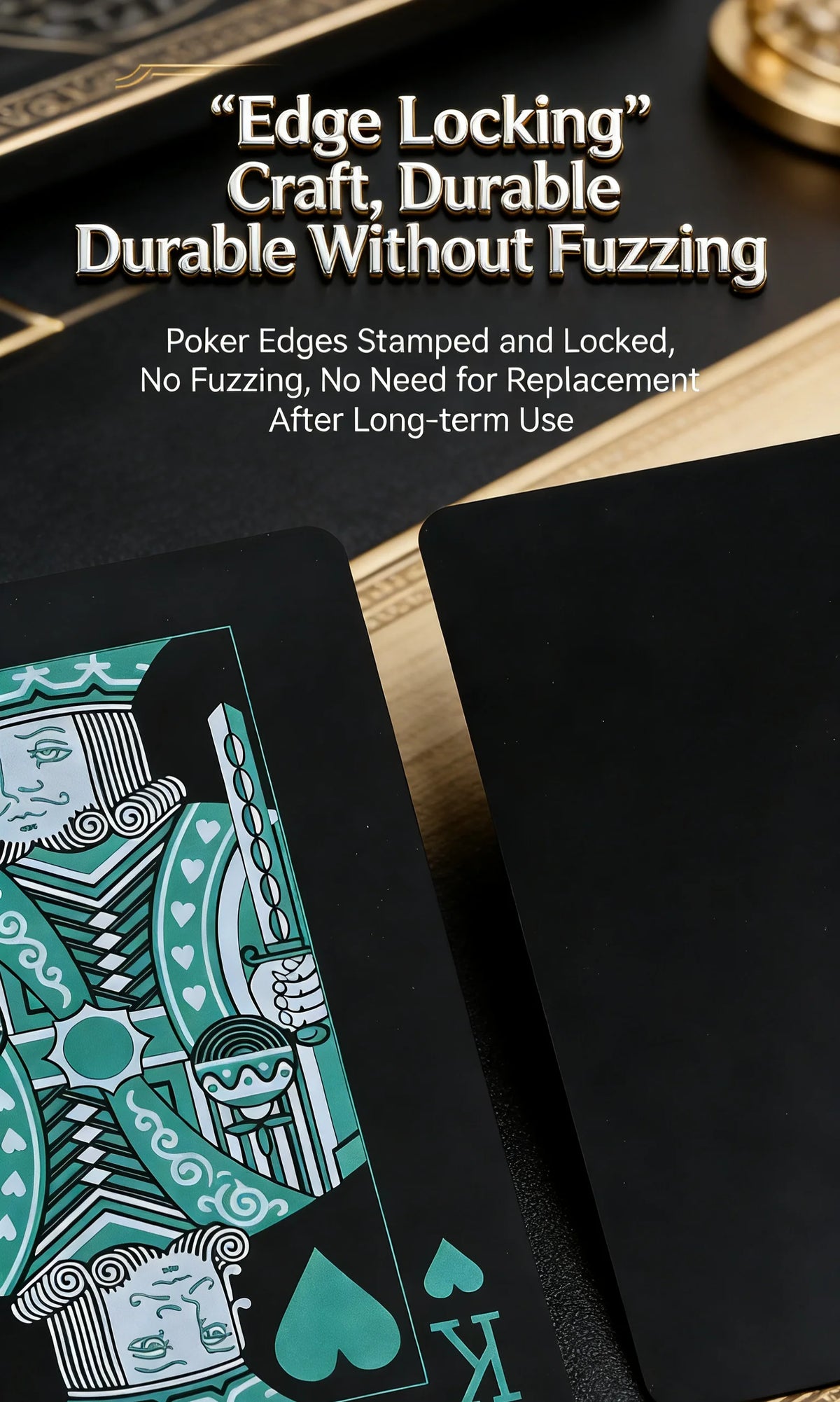 A close-up of a black poker card featuring a green design and the letter K, displayed on a dark surface.