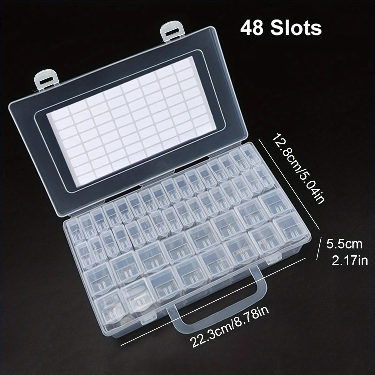 A clear plastic storage organizer with 48 slots is shown open, revealing multiple compartments for craft supplies.