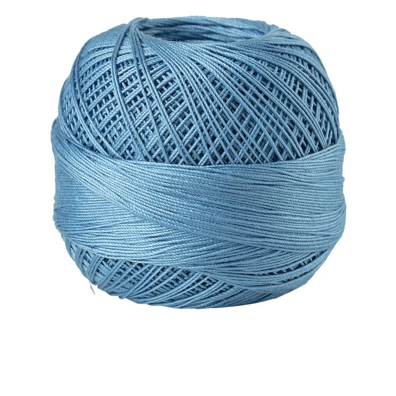 A ball of light blue 100% cotton crochet thread used for tatting and embroidery.