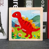 A wooden jigsaw puzzle featuring a red dinosaur with yellow spines in a green landscape.