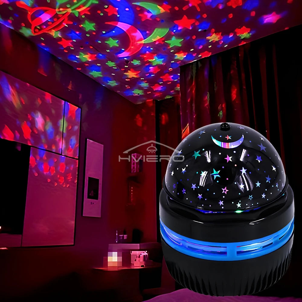 A black projector emitting a starry night light pattern onto a red wall with dark curtains.