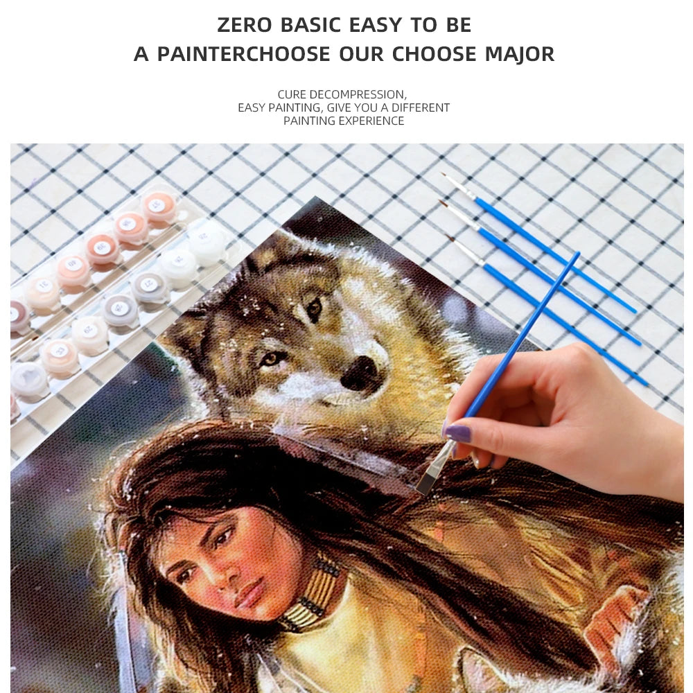 A painting kit featuring a floral butterfly canvas art design with a wolf and a woman.