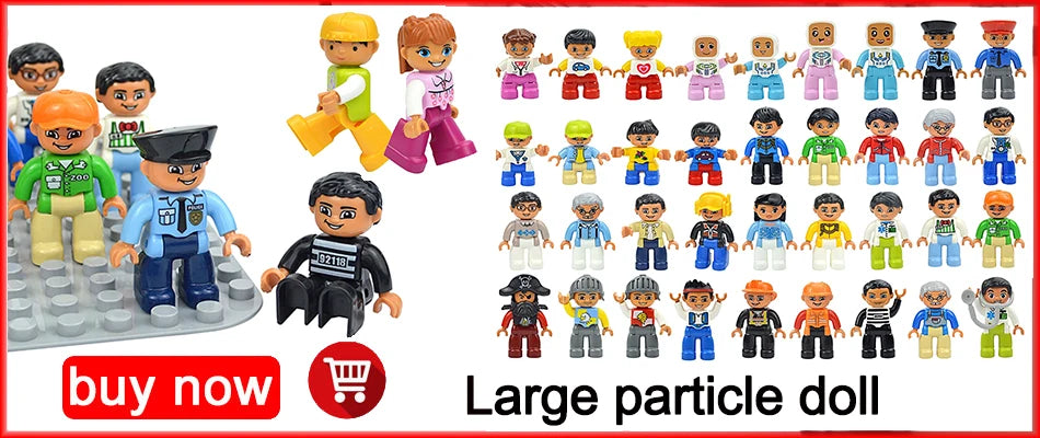 A collection of large particle dolls representing various zoo animals and people built from interlocking blocks.