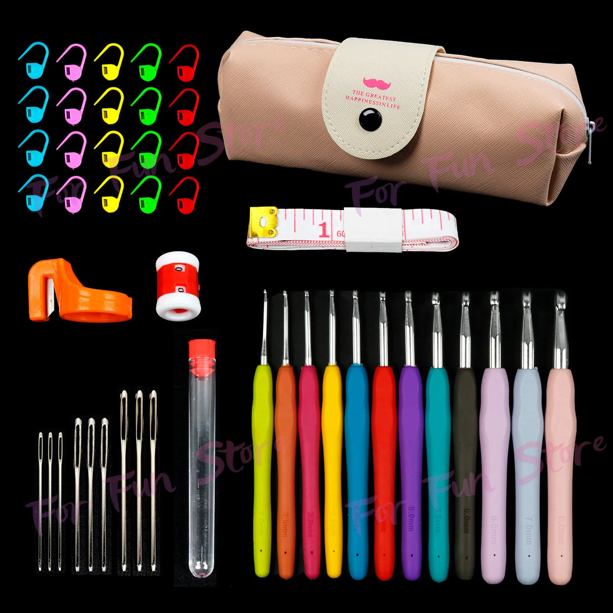 A complete crochet hook and knitting needle kit displayed with a pink storage bag.
