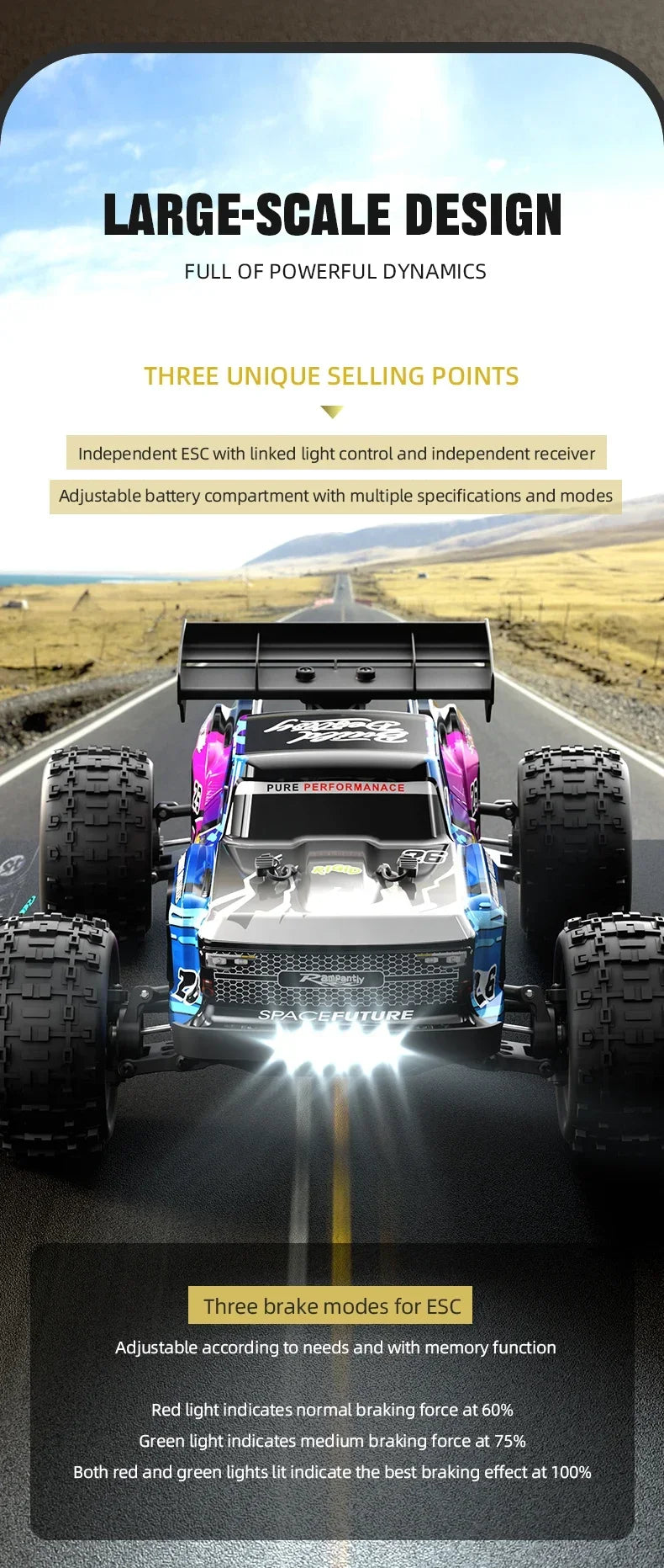 A black and blue 1:14 scale RC monster truck is shown on a dirt road under a bright sky.