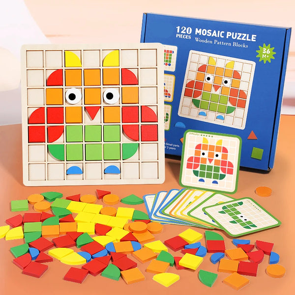 A box of 120 mosaic wooden puzzle pieces and a wooden puzzle board with an owl design.