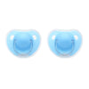 A pair of light blue silicone pacifiers with protective covers shown from above.