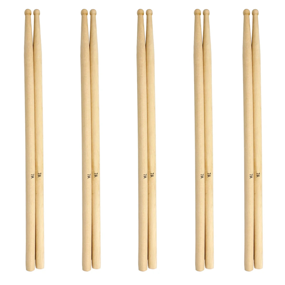 A set of maple wood drumsticks including sizes 5A, 5B, and 7A arranged vertically.