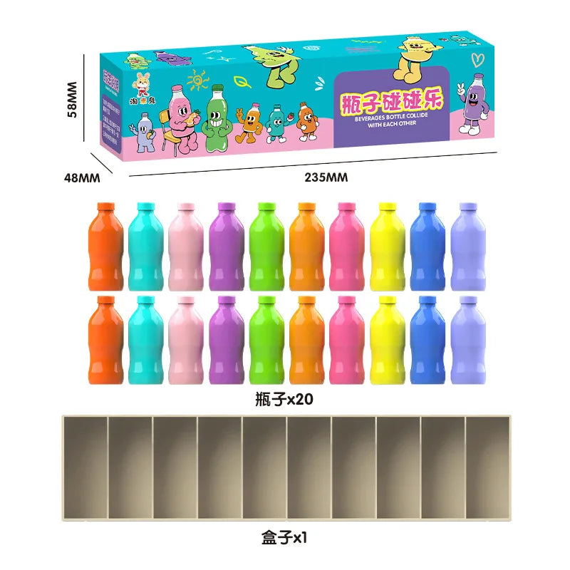 A box of color memory matching game bottles with various colored liquids and a set of empty bottles.