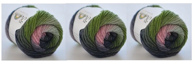 A ball of hand-dyed rainbow merino wool yarn in shades of green, pink, and black, shown from the side.