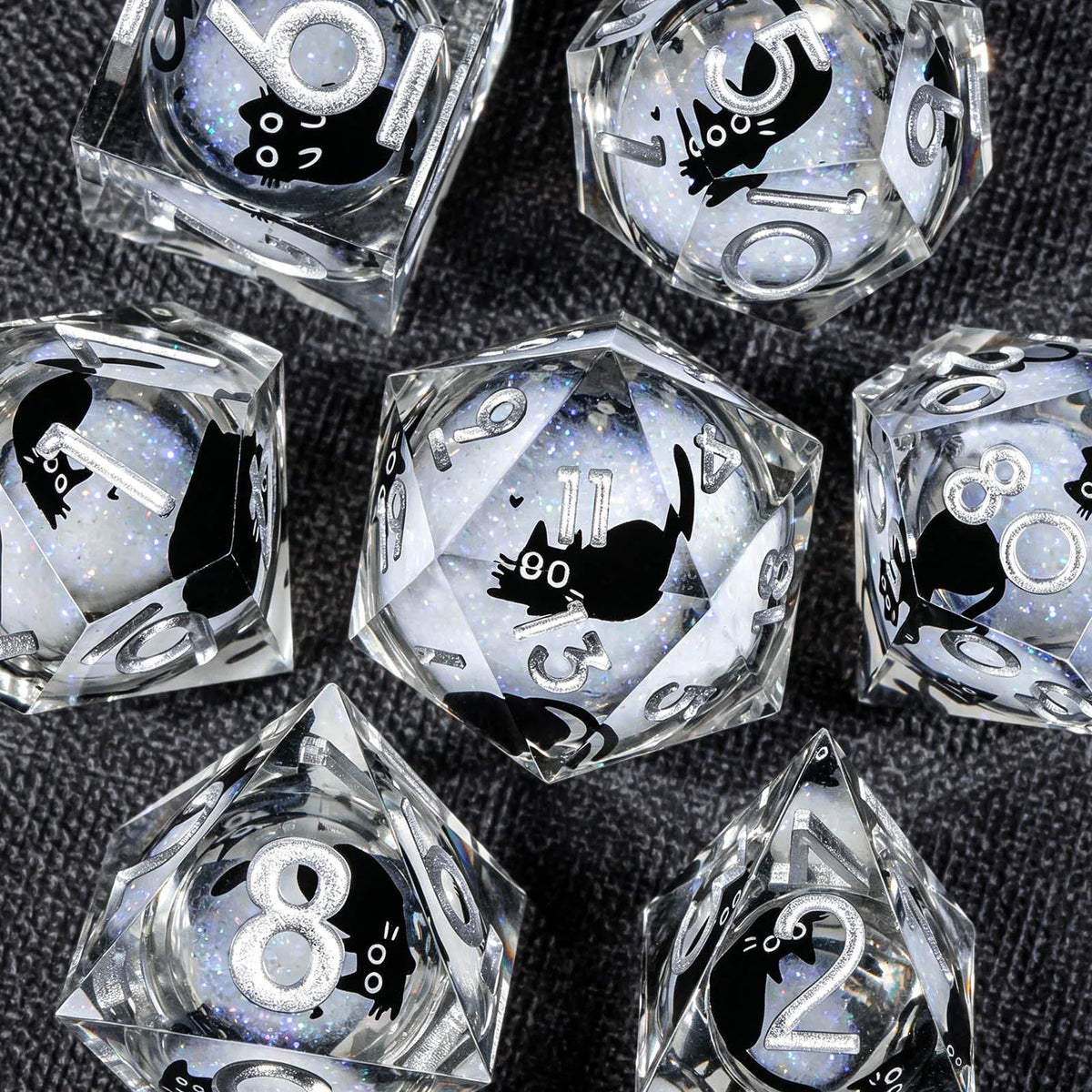 Cat Liquid Core Polyhedral Dice Set with Sharp Edges