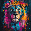 A vibrant, abstract painting of a majestic lion's head with fiery mane and colorful splatters.