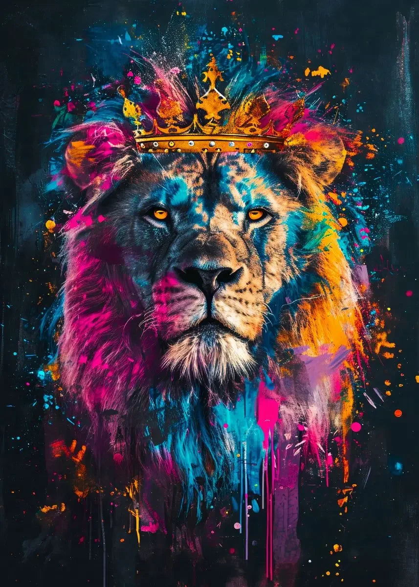 A vibrant, abstract painting of a majestic lion's head with fiery mane and colorful splatters.