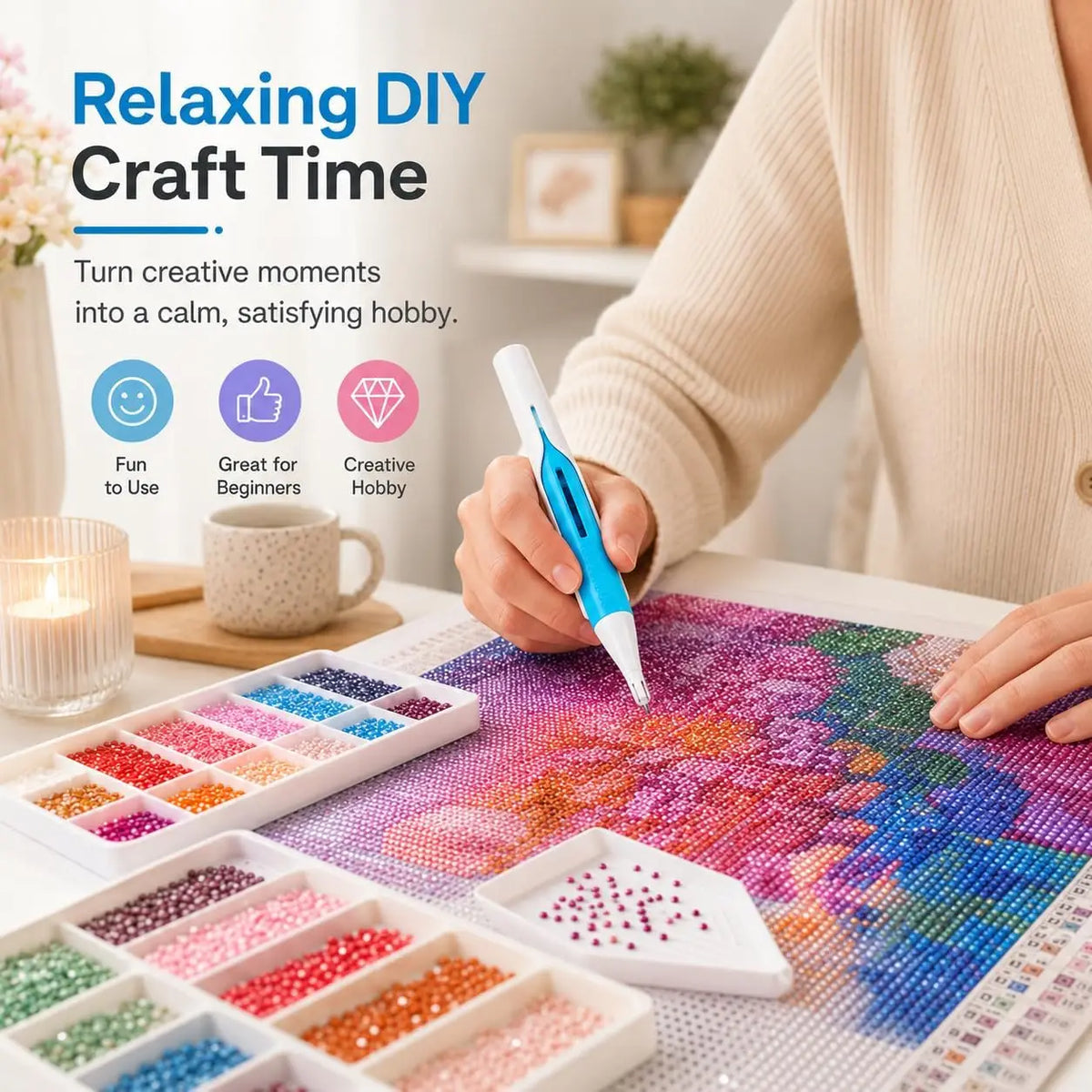 A hand is painting a diamond art canvas with a pen, surrounded by various colored beads and paint palettes.