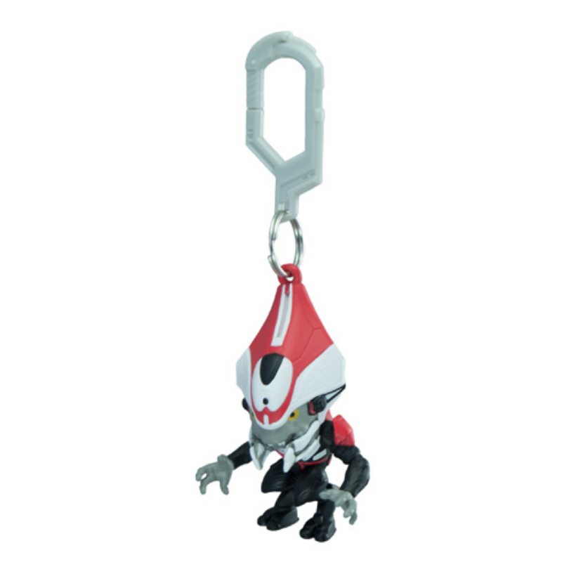 A small collectible game figure charm of Master Chief in white and red armor attached to a silver keychain ring.