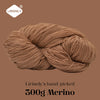 A ball of brown Merino wool yarn labeled LIRISNLY, ready for knitting or spinning.