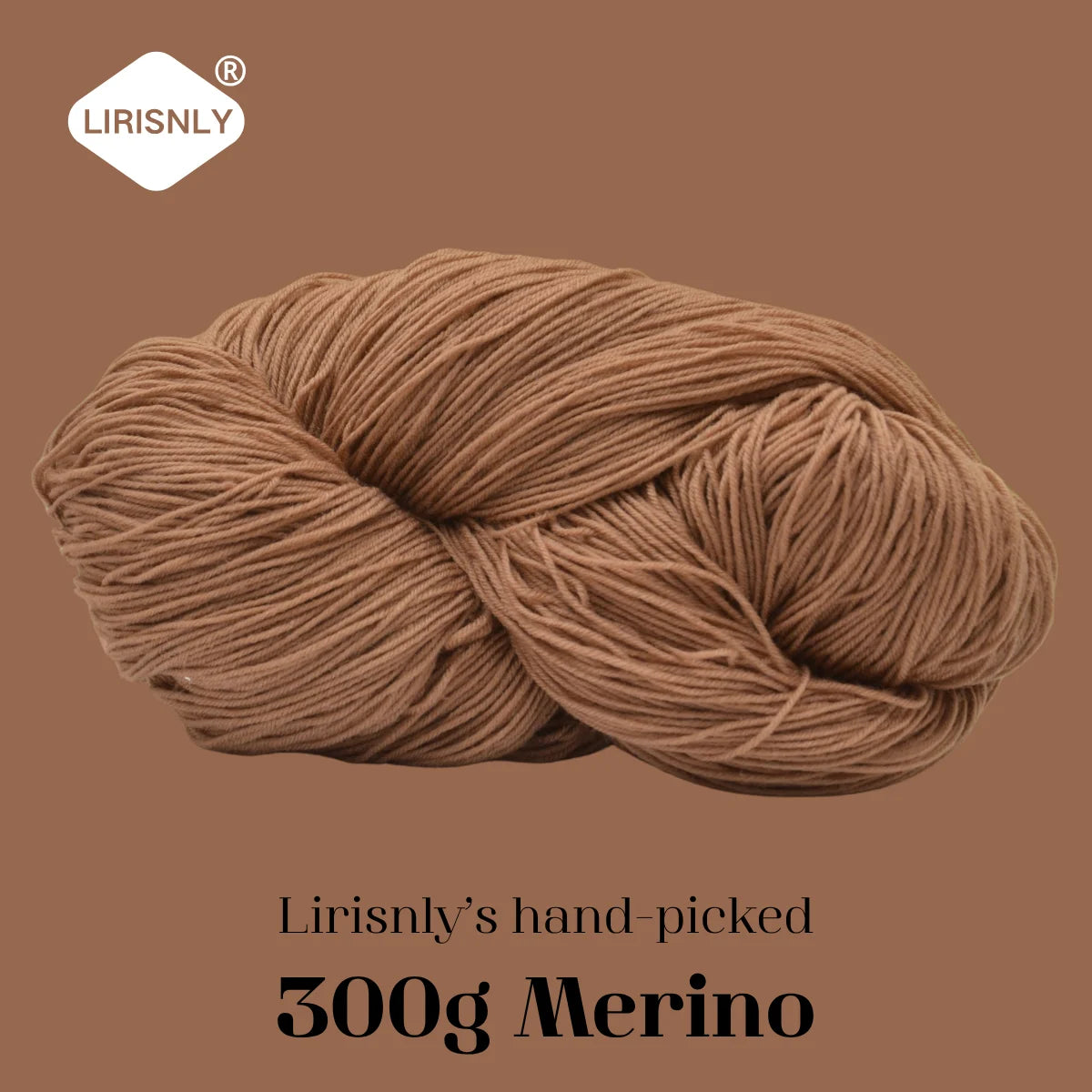 A ball of brown Merino wool yarn labeled LIRISNLY, ready for knitting or spinning.