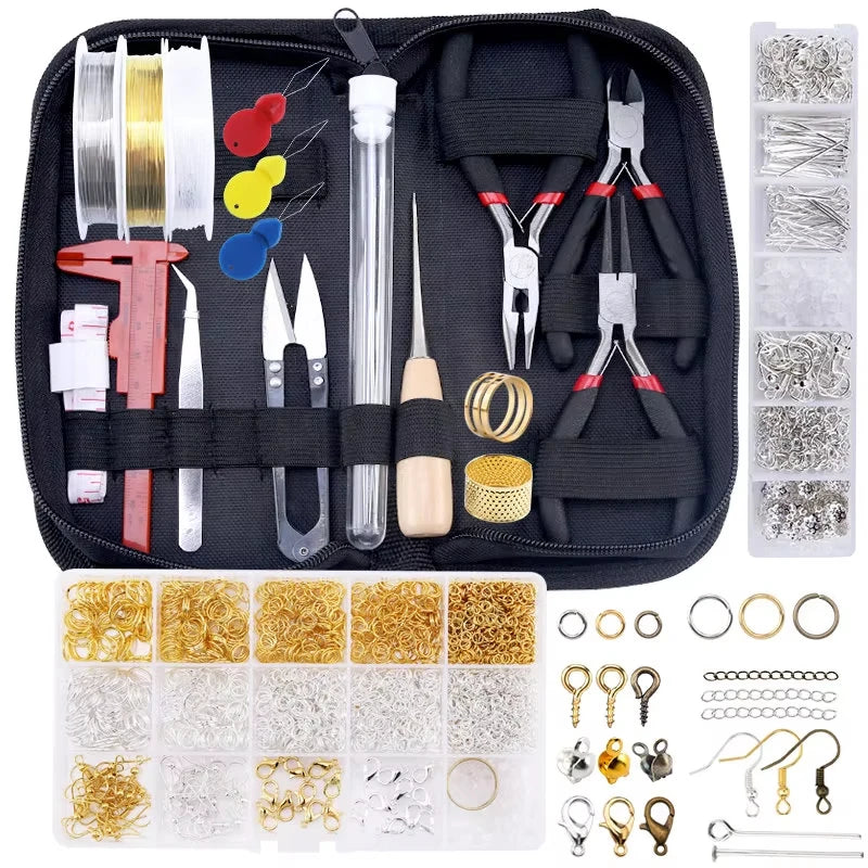 A black jewelry making kit containing tools, findings, and various beads and wire materials.