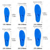 A set of blue discreet GPS tracking insoles shown in various sizes and angles.