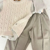 A beige knit sweater and matching trousers set for a child, displayed on a light background.