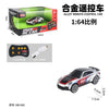 A black and red 1:64 scale alloy remote control car with LED lights and a transmitter.
