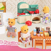 A dollhouse furniture set featuring a miniature kitchen with cabinets, appliances, and stuffed animal figures.