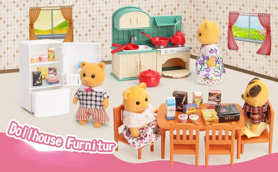 A dollhouse furniture set featuring a miniature kitchen with cabinets, appliances, and stuffed animal figures.
