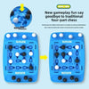A blue board game featuring a grid of black pieces and an arrow indicating rotation for gameplay.
