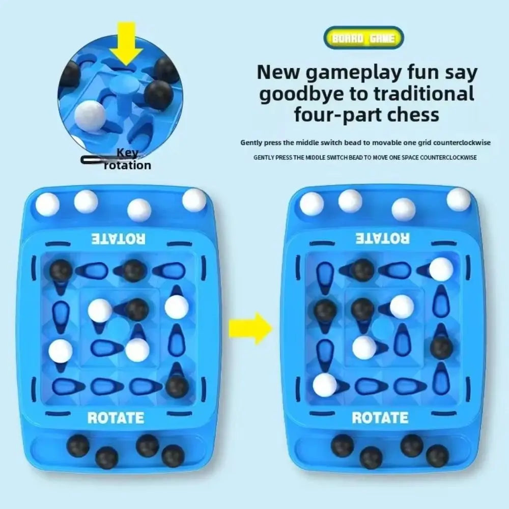 A blue board game featuring a grid of black pieces and an arrow indicating rotation for gameplay.