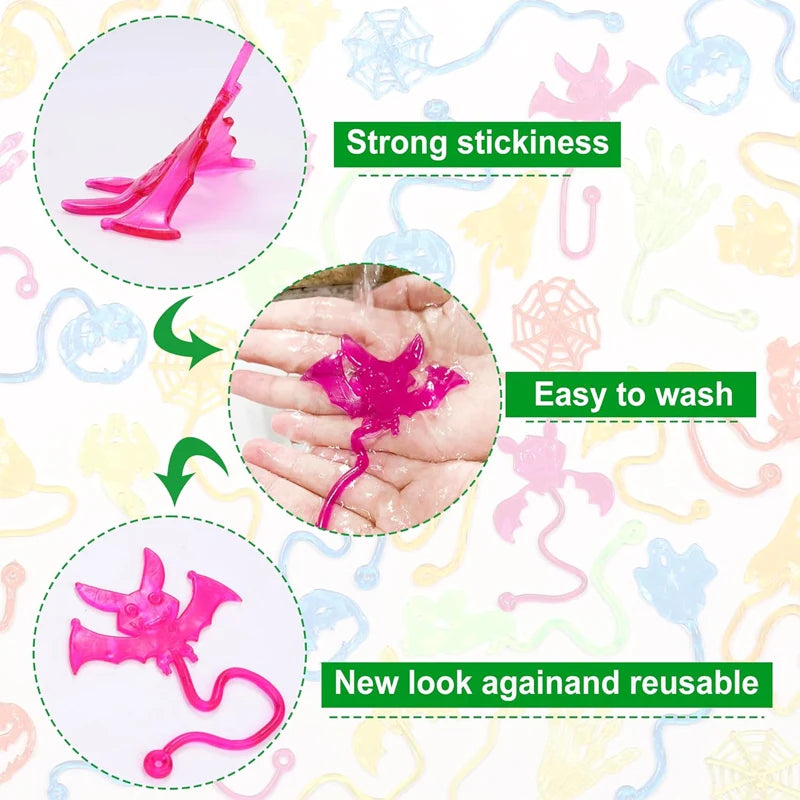 A pink, stretchy, sticky climbing toy shaped like a bat or spider web for Halloween party favors.