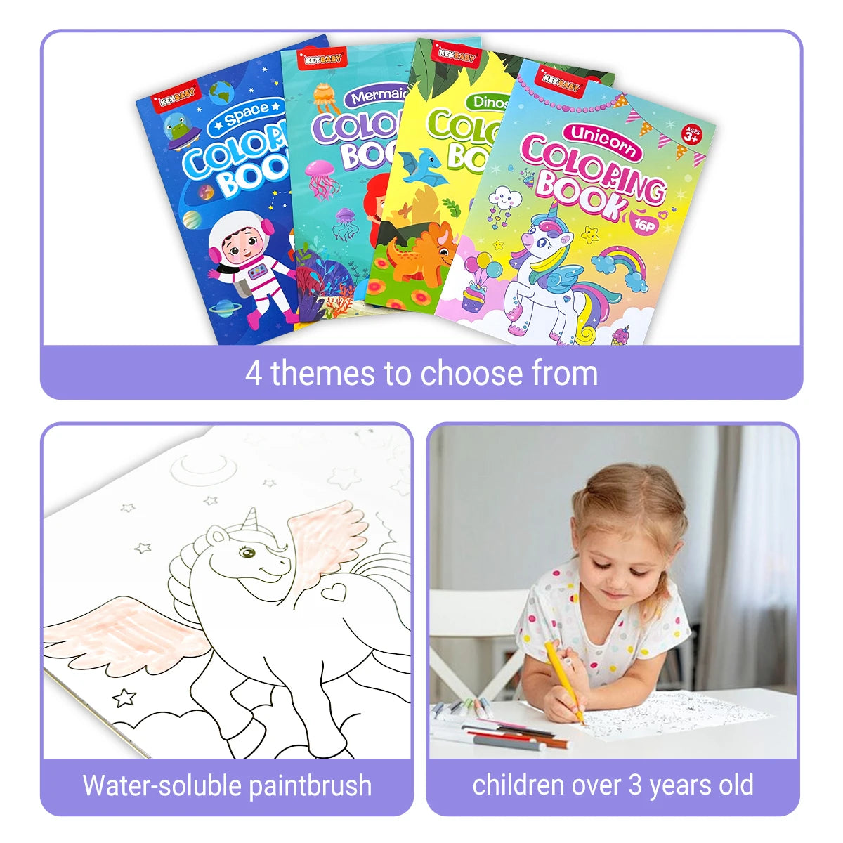 A set of four 16-page coloring books featuring Unicorn, Space, Mermaid, and Dinosaur themes for children over three years old