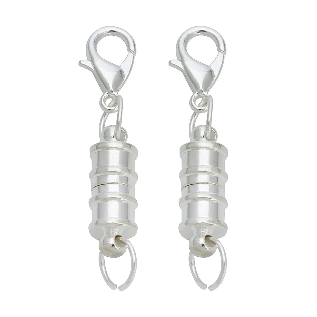 A pair of silver magnetic clasps for jewelry making with spring-loaded connectors.