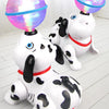 A white plush toy shaped like a dog, with a head and body, is shown in various poses with iridescent, glowing balls on its he