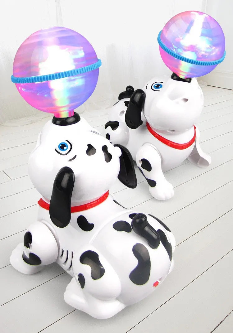 A white plush toy shaped like a dog, with a head and body, is shown in various poses with iridescent, glowing balls on its he