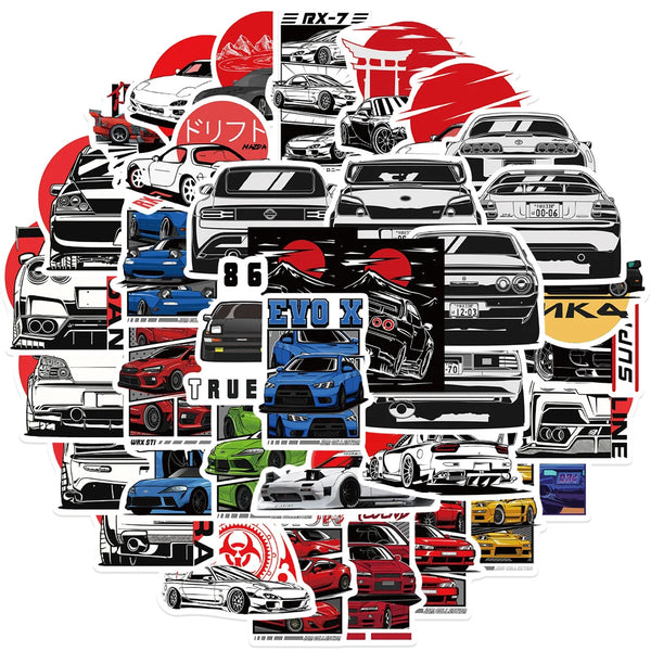 A collection of JDM racing car anime graffiti decal stickers featuring various cars and red background elements.