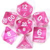 A collection of pink acrylic dice showing various numbers and shapes for tabletop role-playing games