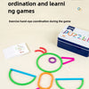 A hand-eye coordination game featuring colorful wooden shapes like a bird and various rings for early learning.