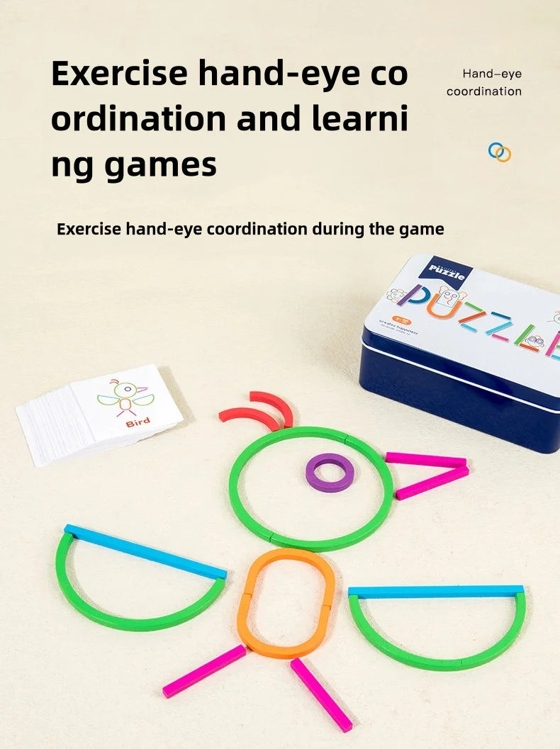 A hand-eye coordination game featuring colorful wooden shapes like a bird and various rings for early learning.