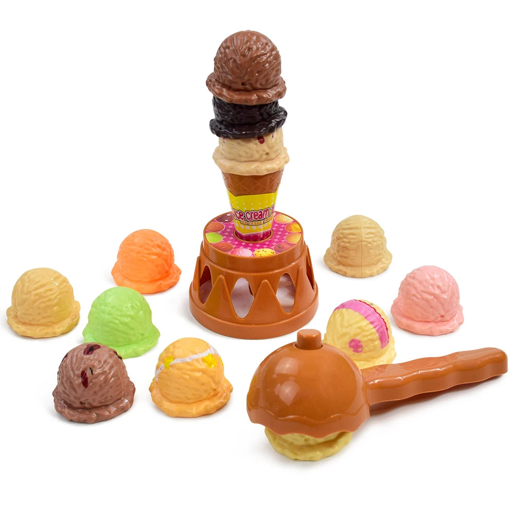 A stacking toy set of ice cream cones and scoops in various colors and textures.