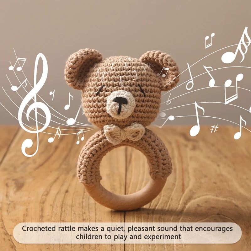 Handcrafted Wooden Crochet Animal Rattle for Babies