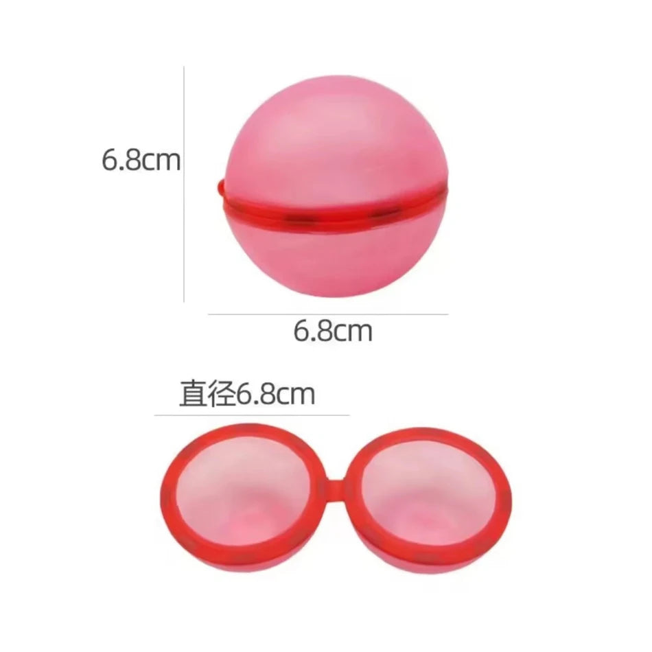 A pink, spherical water balloon with a red sealing mechanism shown next to its size measurement.