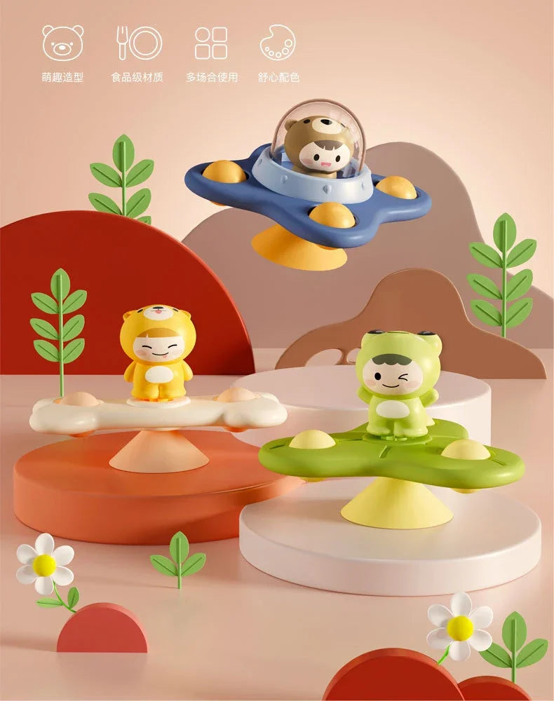 A set of suction cup spinner bath toys for toddlers featuring cute animal figures in various colors and materials.