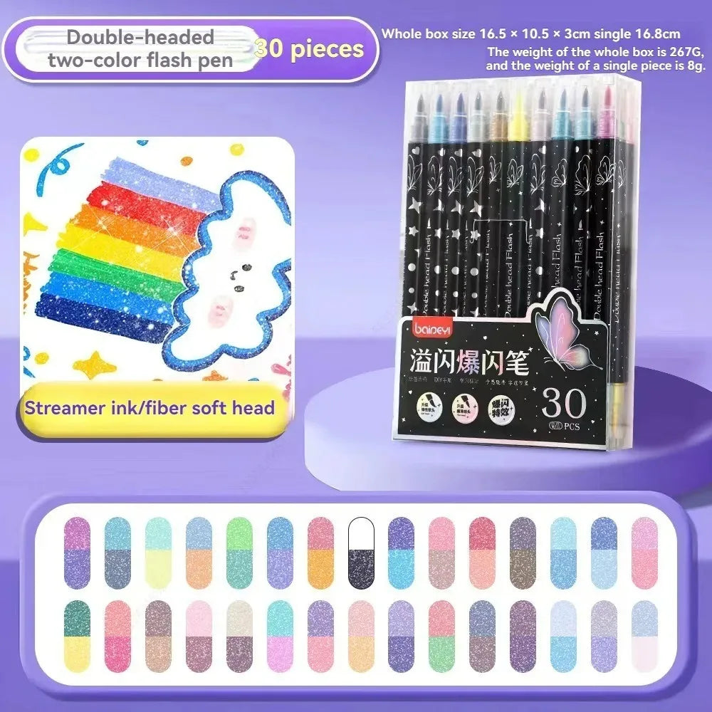A set of 30 dual-headed two-color flash pens with metallic glitter finish and a corresponding palette.